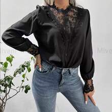 Women's Long Sleeve Lace Sheer Blouse Chinese Collar - 黑色 - 查看 6