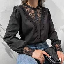 Women's Long Sleeve Lace Sheer Blouse Chinese Collar - 黑色 - 查看 7