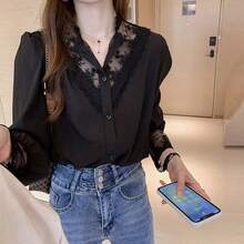 Women's Long Sleeve Lace Sheer Blouse Chinese Collar - 黑色 - 查看 4