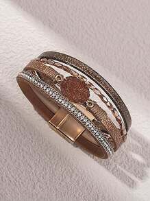 1pc Bohemian Style Rhinestone Weave Multi-Layer Braided Magnetic Closure Leather Bracelet, Suitable For Daily Wear By Women - Bracelet - View 11