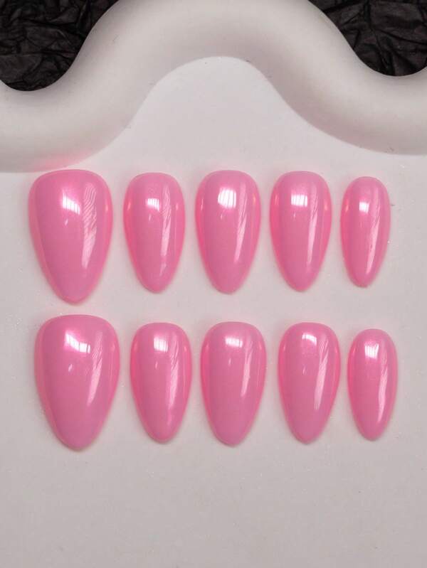 10pcs Handmade Almond-Shaped Y2K Nails In Shiny Holographic Pink Color, Suitable For Women & Girls, Party, Wedding, Daily Wear, Includes Tools, Can Be Gift For Ladies Press On Nails