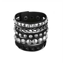 Yanxyad 黑色 PU 皮革手链，酷炫摇滚风格可调节铆钉朋克风格手链，男士腕带 - 黑色 - 查看 12
