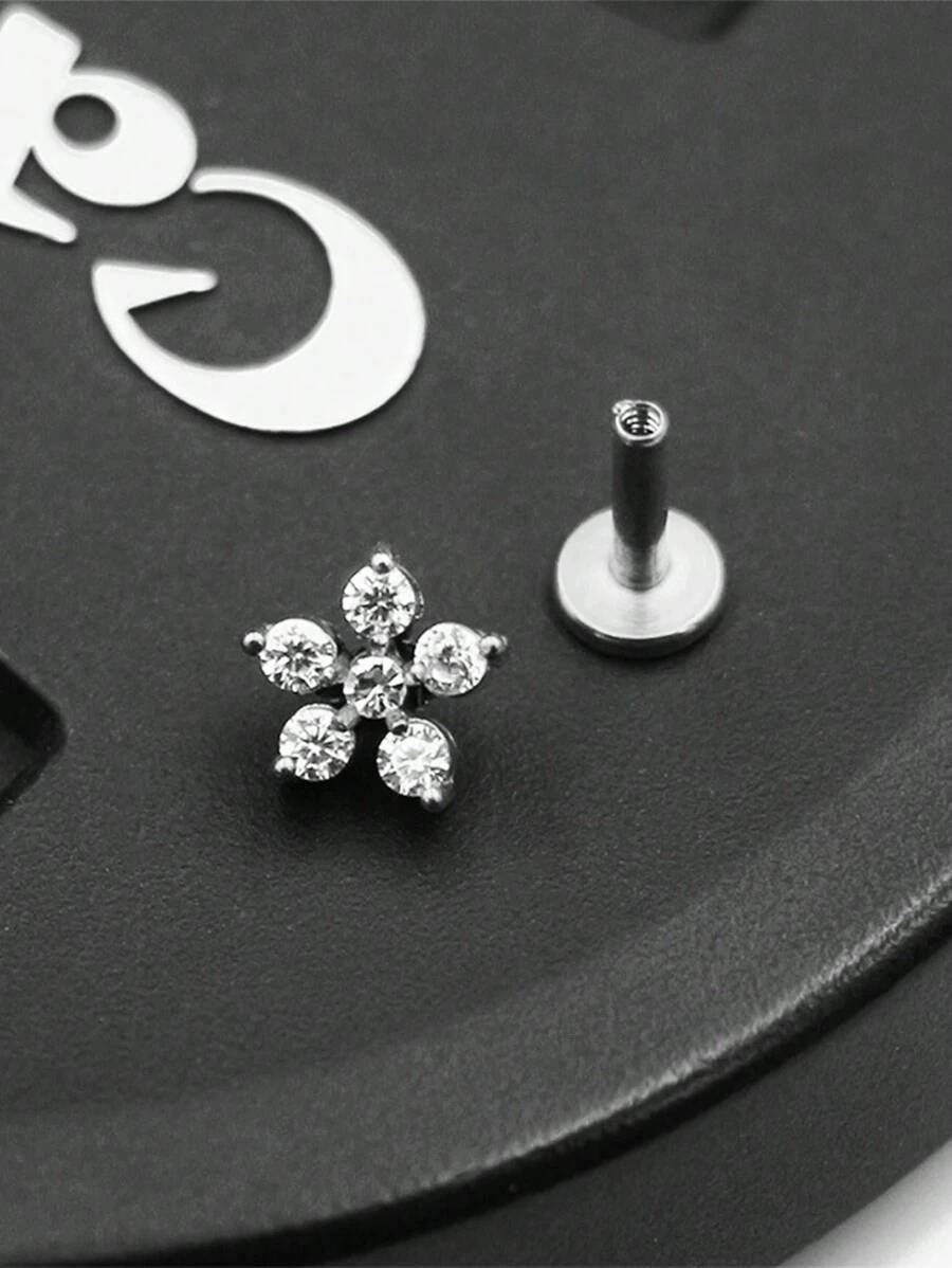 316 Titanium Steel 5 Petal Zirconia Cast Lip Studs Ear Bone Studs Fashionable And Exquisite Body Jewelry For Men And Women1pc - Silver - View 1