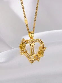 1 Pc Fashion Zirconia Flower Initial Heart Pendant Necklaces For Women Gold Color Stainless Steel Letter Chain Wedding Jewelry Gifts Valentines,Mom,Mother,Mother's Day,Gift