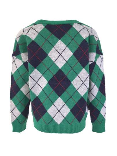 V-Neck Vintage Diamond Plaid Knit Cardigan, Long Sleeve Top Casual