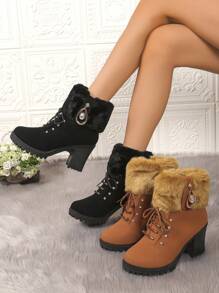 Women's Fashion Versatile Fluffy Panel Metal Buckle Decor Round Toe Ankle Boots, Chunky Heel, Elegant Style, Leather Material, Classic Short Boots, Autumn Winter