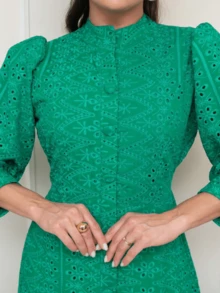 Vestido Longo com Manga Comprida Malha Lese Algodão Festa Social - Verde - Visão 7