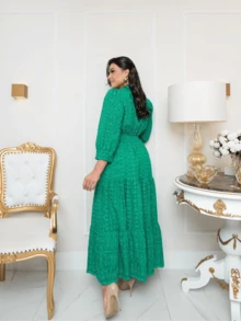 Vestido Longo com Manga Comprida Malha Lese Algodão Festa Social - Verde - Visão 5