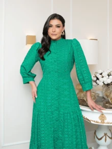 Vestido Longo com Manga Comprida Malha Lese Algodão Festa Social - Verde - Visão 4