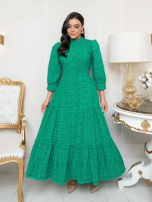 Vestido Longo com Manga Comprida Malha Lese Algodão Festa Social - Verde - Visão 3