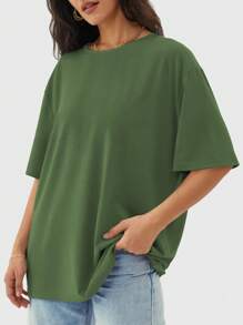 Speed mate 女士宽松圆领短袖T恤，休闲衬衫，Y2K 2024基础款T恤，夏季 - 墨綠色 - 查看 3