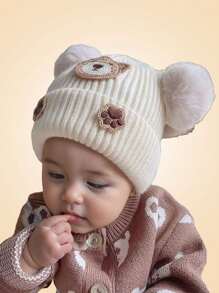 1pc Baby Knitted Hat With Ear Protection, Cute Bear Design, Pompom Decor, Brimless, Unisex, Warm For Autumn & Winter