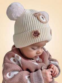 1pc Baby Knitted Hat With Ear Protection, Cute Bear Design, Pompom Decor, Brimless, Unisex, Warm For Autumn & Winter