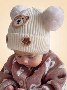 1pc Baby Knitted Hat With Ear Protection, Cute Bear Design, Pompom Decor, Brimless, Unisex, Warm For Autumn & Winter