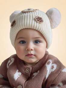 1pc Baby Knitted Hat With Ear Protection, Cute Bear Design, Pompom Decor, Brimless, Unisex, Warm For Autumn & Winter