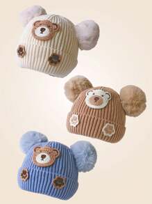 1pc Baby Knitted Hat With Ear Protection, Cute Bear Design, Pompom Decor, Brimless, Unisex, Warm For Autumn & Winter