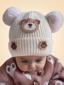 1pc Baby Knitted Hat With Ear Protection, Cute Bear Design, Pompom Decor, Brimless, Unisex, Warm For Autumn & Winter