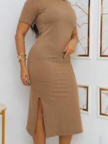 Midi Sweatshirt Dress With Front Pockets - Stylish And Modern | Fashion 2024 - 鏽棕色 - 查看 5