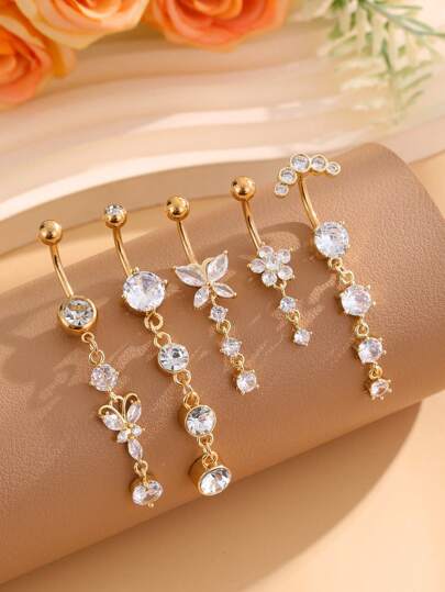 5pcs/Set Stainless Steel Hollow Belly Button Rings For Women, Sexy Butterfly Heart Shaped Zirconia Stone Inlaid Pendant Navel Piercing Jewelry Valentines