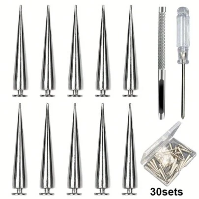 Paquete de 30 herramientas de perforación de destornillador de remaches punk, 7 X 38 mm, remaches decorativos antioxidantes, remaches de tornillo para ropa, remaches DIY, remaches atornillados, picos góticos de metal, remaches decorativos, remaches puntiagudos para bolsos, ropa, zapatos