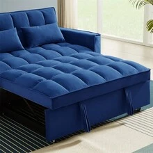 Modern Velvet Convertible Loveseat Sleeper Sofa Couch With Adjustable Backrest, 2 Seater Sofa With Pull-Out Bed With 2 Lumbar Pillows For Small Living Room & Apartment - 藍色 - 查看 5