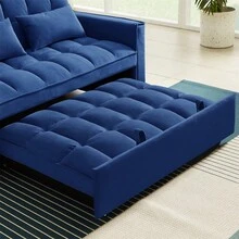 Modern Velvet Convertible Loveseat Sleeper Sofa Couch With Adjustable Backrest, 2 Seater Sofa With Pull-Out Bed With 2 Lumbar Pillows For Small Living Room & Apartment - 藍色 - 查看 6
