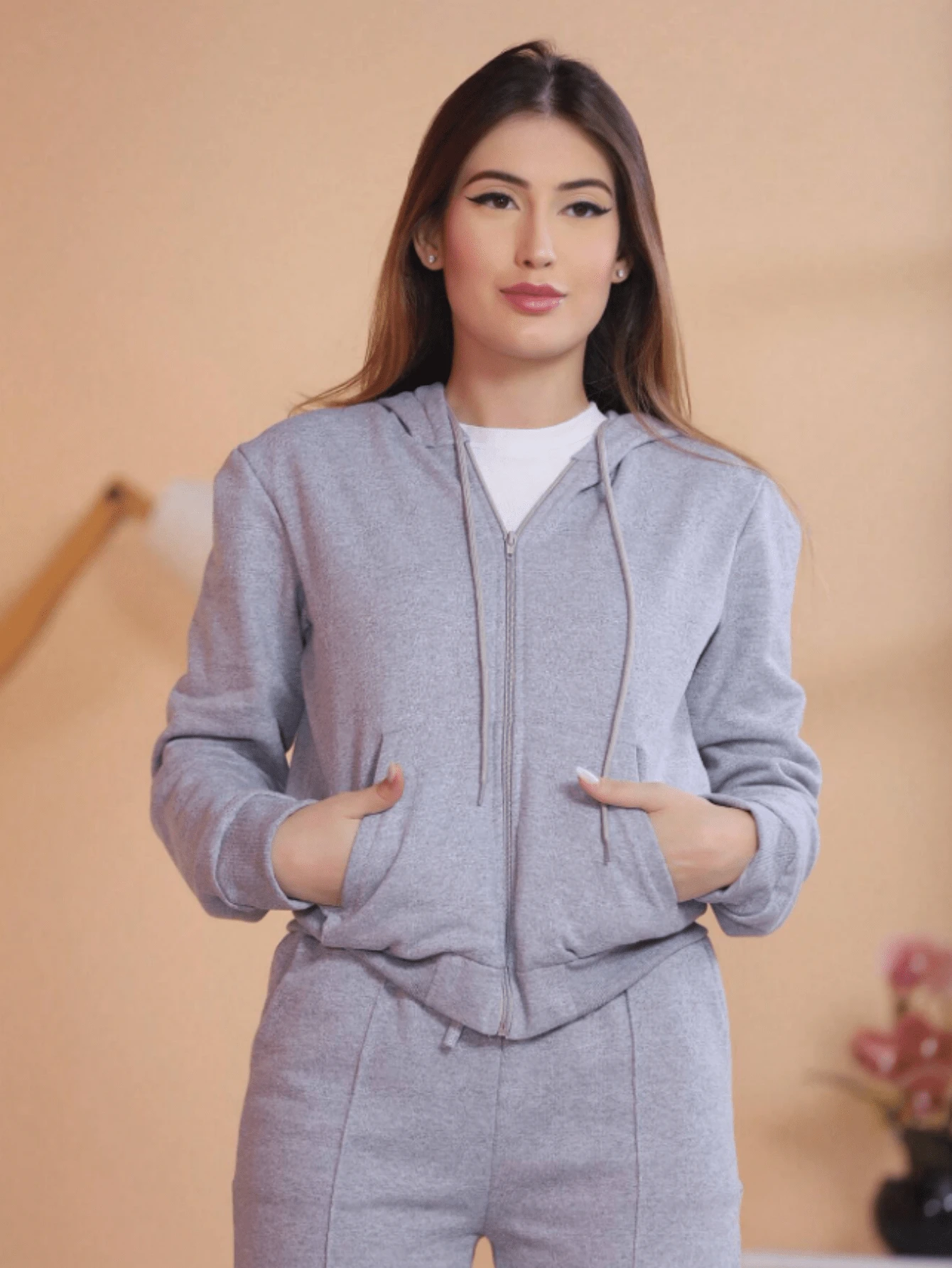 Women's Long Sleeve Zipper Sweatshirt Coat For Fall-Winter - 淺灰色 - 查看 1