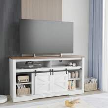 Modern Farmhouse TV Stand Media Storage TV Console Sliding Cabinet Doors - White - View 1