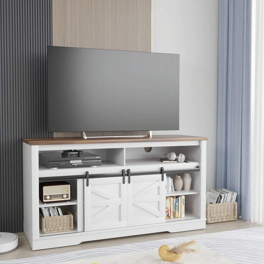 Modern Farmhouse TV Stand Media Storage TV Console Sliding Cabinet Doors - White - View 1