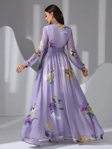 女性花卉印花高腰連衣裙 - 紫色 - 查看 2
