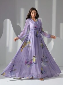 女性花卉印花高腰連衣裙 - 紫色 - 查看 6