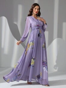 女性花卉印花高腰連衣裙 - 紫色 - 查看 5
