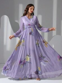 女性花卉印花高腰連衣裙 - 紫色 - 查看 1