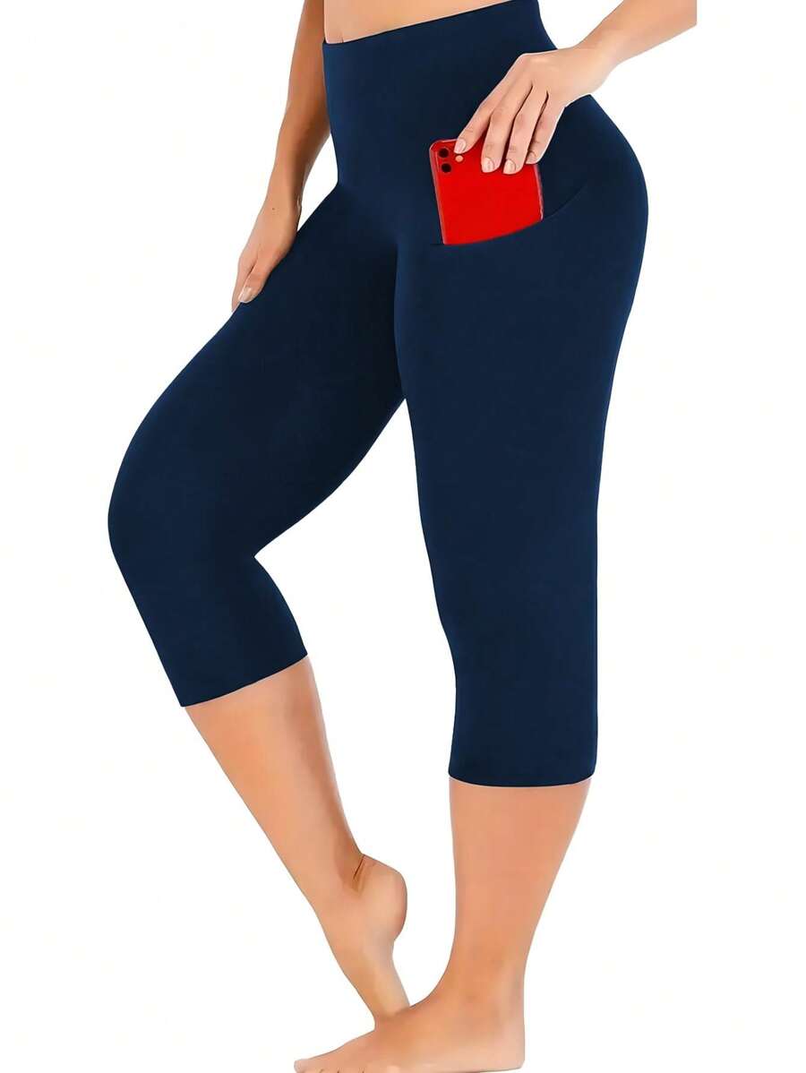 女式加大码卡普里紧身裤 女式高腰卡普里紧身裤 带口袋 瑜伽裤 运动卡普里裤