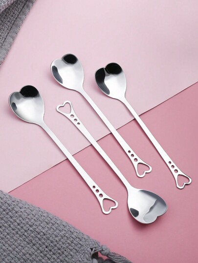 4pcs Heart Design Spoon, Stainless Steel Heart Hollow Coffee Spoon, For Dessert Coffee,Kitchen,Christmas Gift,School Supplies