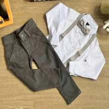 Lead Gray Pants With White Shirt With Nude Tie And Suspender Kit For Kids - 深灰色 - 查看 2