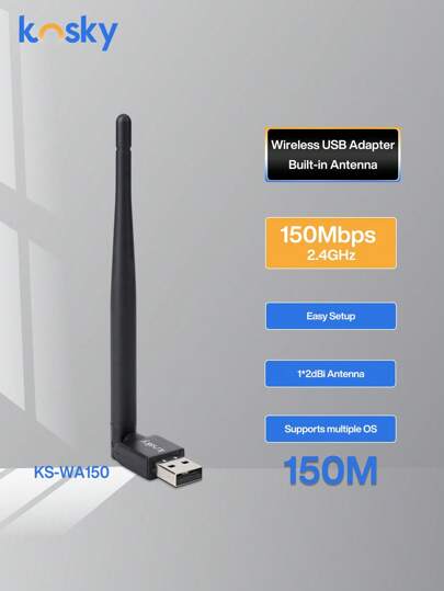 KOSKY Adaptador de red inalámbrica USB de 150 Mbps para PC de escritorio, compatible con banda de 2.4GHz, compatible con el estándar 802.11n, interfaz USB 2.0, compatible con Windows 11/10/8.1/8/7/XP