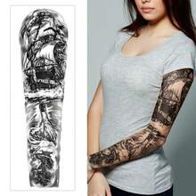 1pc Waterproof Temporary Tattoo Sticker, Pirate Ship Design, Full Arm Tattoo Sleeve For Men - Black and White - View 2