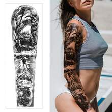 1pc Waterproof Temporary Tattoo Sticker, Pirate Ship Design, Full Arm Tattoo Sleeve For Men - Black and White - View 5