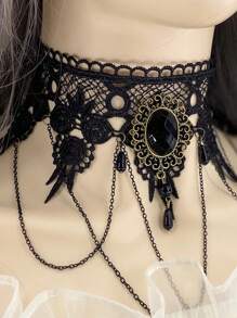 1pc Women's Wide Necklace, Black Lace Choker, Punk Dress Accessory Faux Collar With Tassel Pendant Clavicle Chain, Halloween Necklace, Gothic Neck Decor, Suitable For Party And Daily Wear Witch