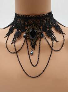 1pc Women's Wide Necklace, Black Lace Choker, Punk Dress Accessory Faux Collar With Tassel Pendant Clavicle Chain, Halloween Necklace, Gothic Neck Decor, Suitable For Party And Daily Wear Witch