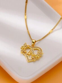 1 Pc Fashion Zirconia Flower Initial Heart Pendant Necklaces For Women Gold Color Stainless Steel Letter Chain Wedding Jewelry Gifts Valentines,Mom,Mother,Mother's Day,Gift