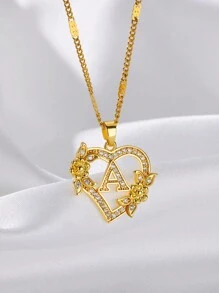 1 Pc Fashion Zirconia Flower Initial Heart Pendant Necklaces For Women Gold Color Stainless Steel Letter Chain Wedding Jewelry Gifts Valentines,Mom,Mother,Mother's Day,Gift
