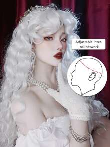 长卷波浪假发带刘海白色彩色角色扮演丝质假发，适合女性日常派对自然柔软合成头发耐热长卷银色合成假发带蓬松刘海白色水波发假发适合女性日常使用角色扮演彩色头发假发 - 白色 - 查看 6