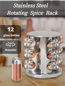 1 pièce Grand support à épices rotatif à 360° en acier inoxydable de capacité élevée, hermétique et résistant à l'humidité (comprend les accessoires : bocaux à épices)
