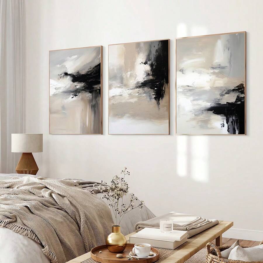 3 carteles retro abstractos modernos, pinturas decorativas de arte simple en negro y beige para decoración del hogar, sala de estar, dormitorio, fondo de sofá, sin marco
