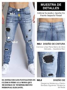 Logeqi® Hombres Jeans azules desgastados duraderos para hombre con parche de diamante - Azul - Ver 5