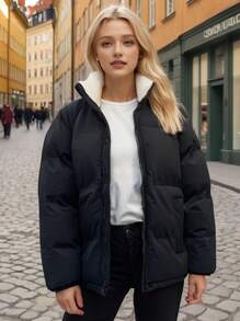 女士服装，流行欧美冬季单品，加厚抓绒保暖外套。女士防风宽松外套 - 黑色 - 查看 1