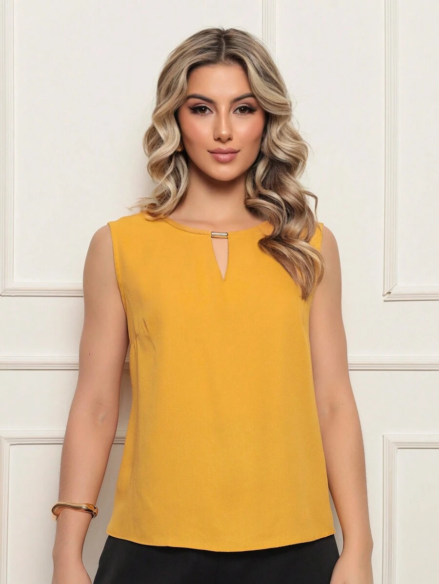 ALETHEIA - LIGHT AND COMFORTABLE TANK TOP IN VISCOSE FABRIC WITH DELICATE TUBE ON THE NECKLINE - WOMEN'S TOPS SHEIN TOPS - 芥末黃 - 查看 1