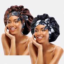 2pcs Women's Multicolor Printed Elastic Band Satin Bonnet For Daily Use Silk Bonnet Satin Bonnet - Multicolor - View 12